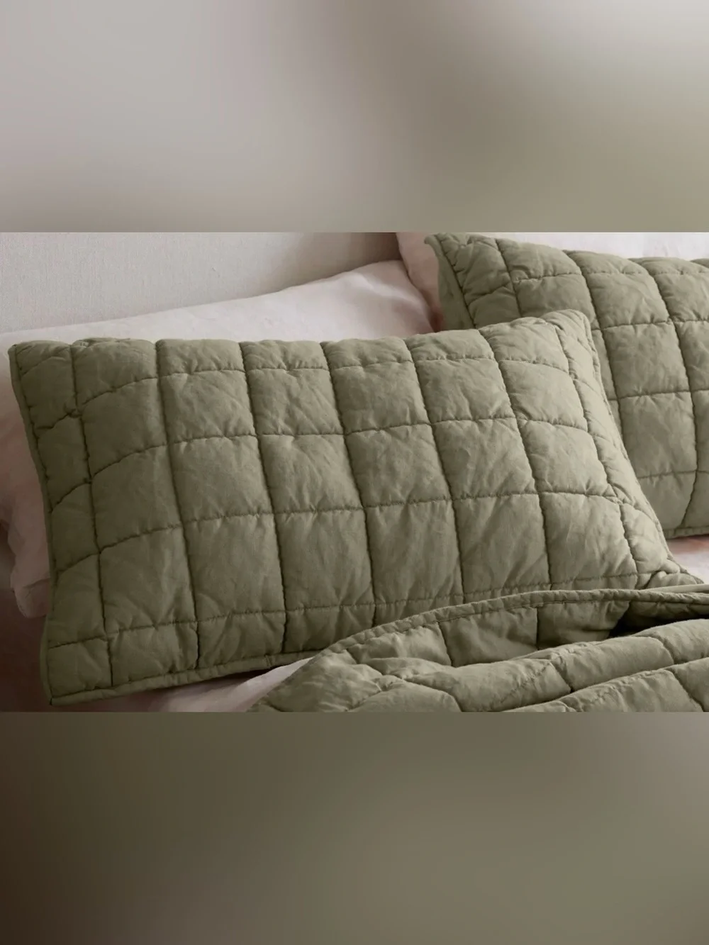 NWOT Quince European Linen Box Quilted Sham Set, King (Olive)